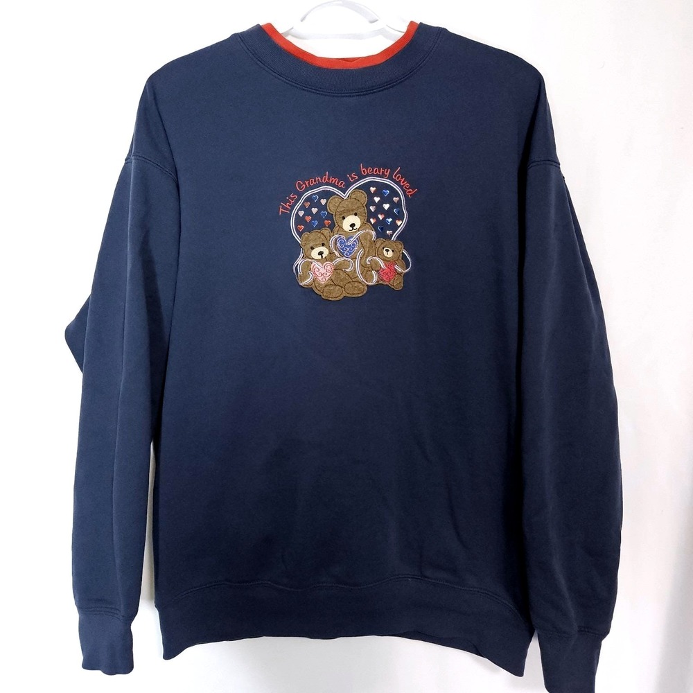 Vintage Women's L Navy Excellent Grandma Beary Loved Embroidered Grandmacore